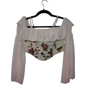 Cider Floral Butterfly Off Shoulder Crop Top Tapestry Ruffle Blouse Ren Fayre M